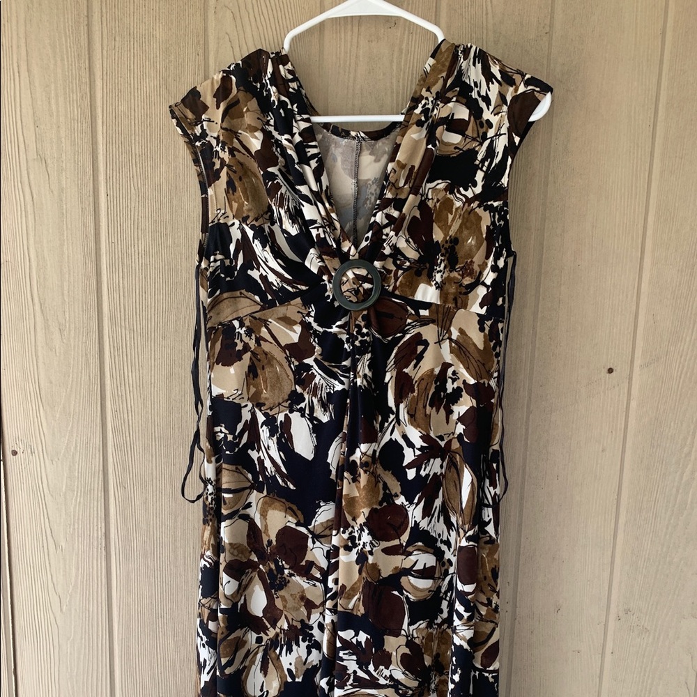 Gold Black White Floral Print Dress Sz M